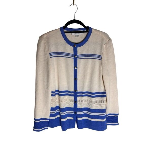 ST. JOHN Blue White Knit Suit Gold Button Jacket Size 8 - Picture 1 of 7